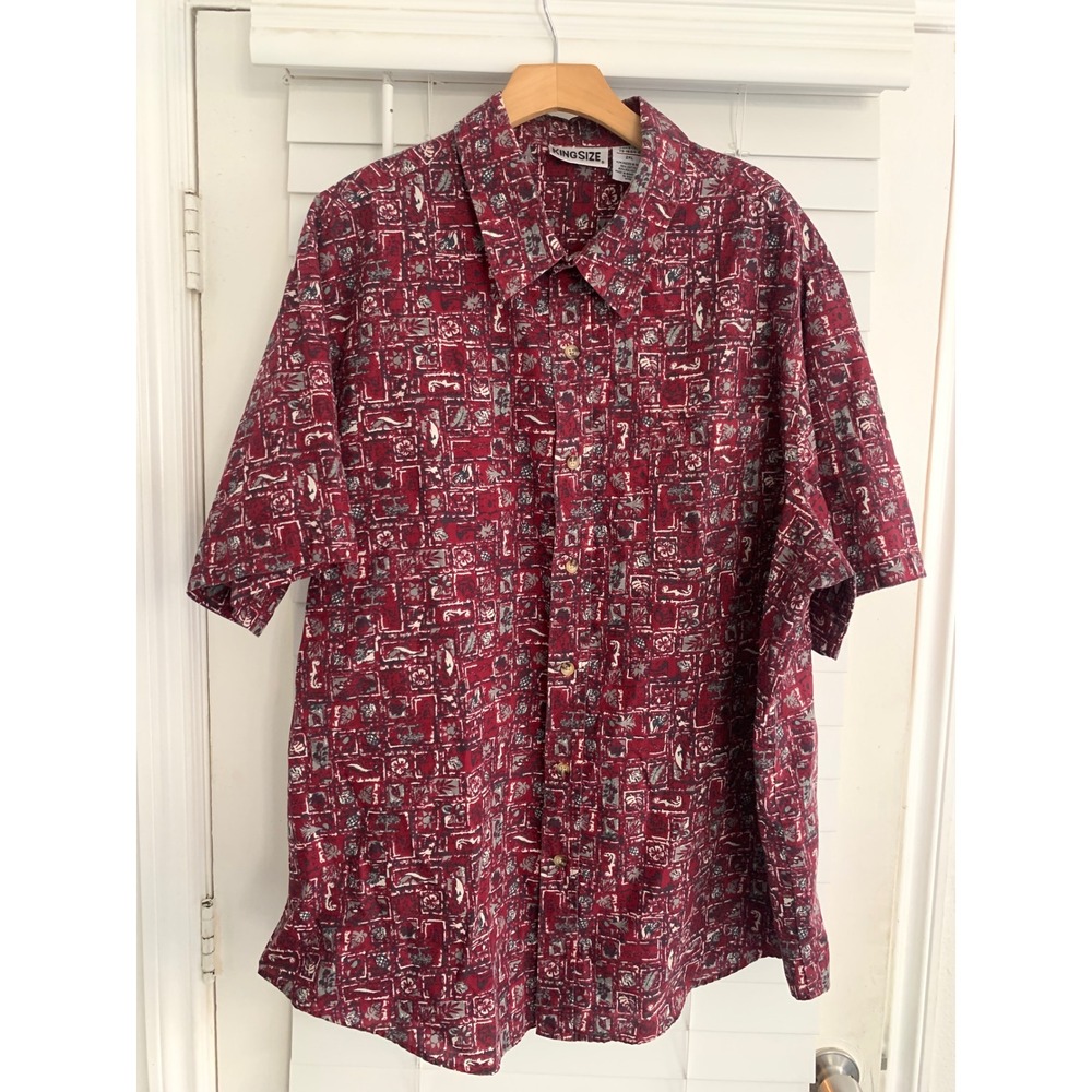 KingSize Men 2XL Short Sleeve Button Down Tropical Seahorse Print Burgundy Shirt